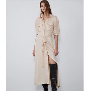 Zara Beige Maxi Button Up Belted Pocket Shirt Dress XS Satin Grunge‎ Career Boho